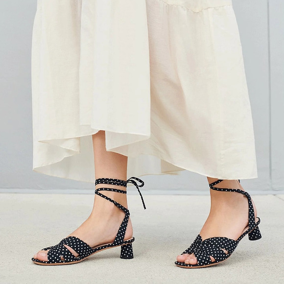 Loeffler Randall Leia Sandals Black Polka Dot Ankle Wrap Low Block Heel Sz 5.5‎ - Picture 2 of 13